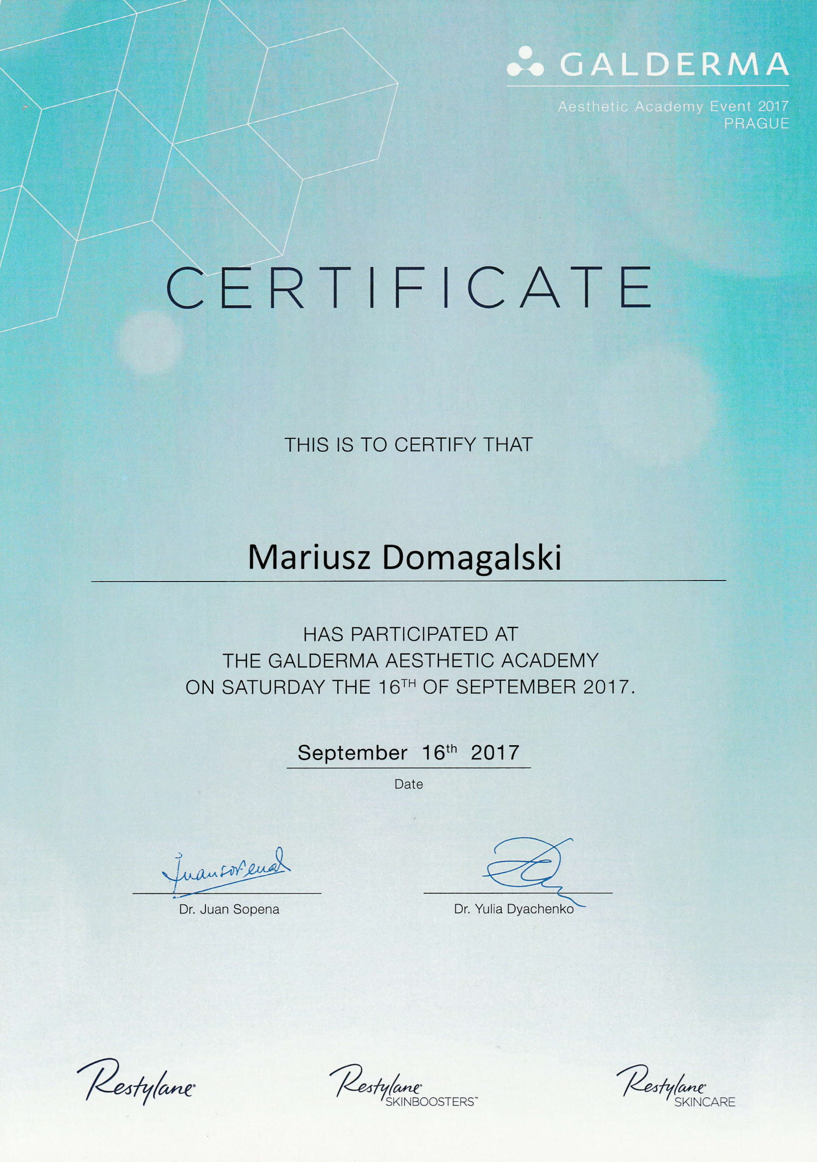 Certyfikat uczestnictwa w Akademii Medycyny Estetycznej (2017)